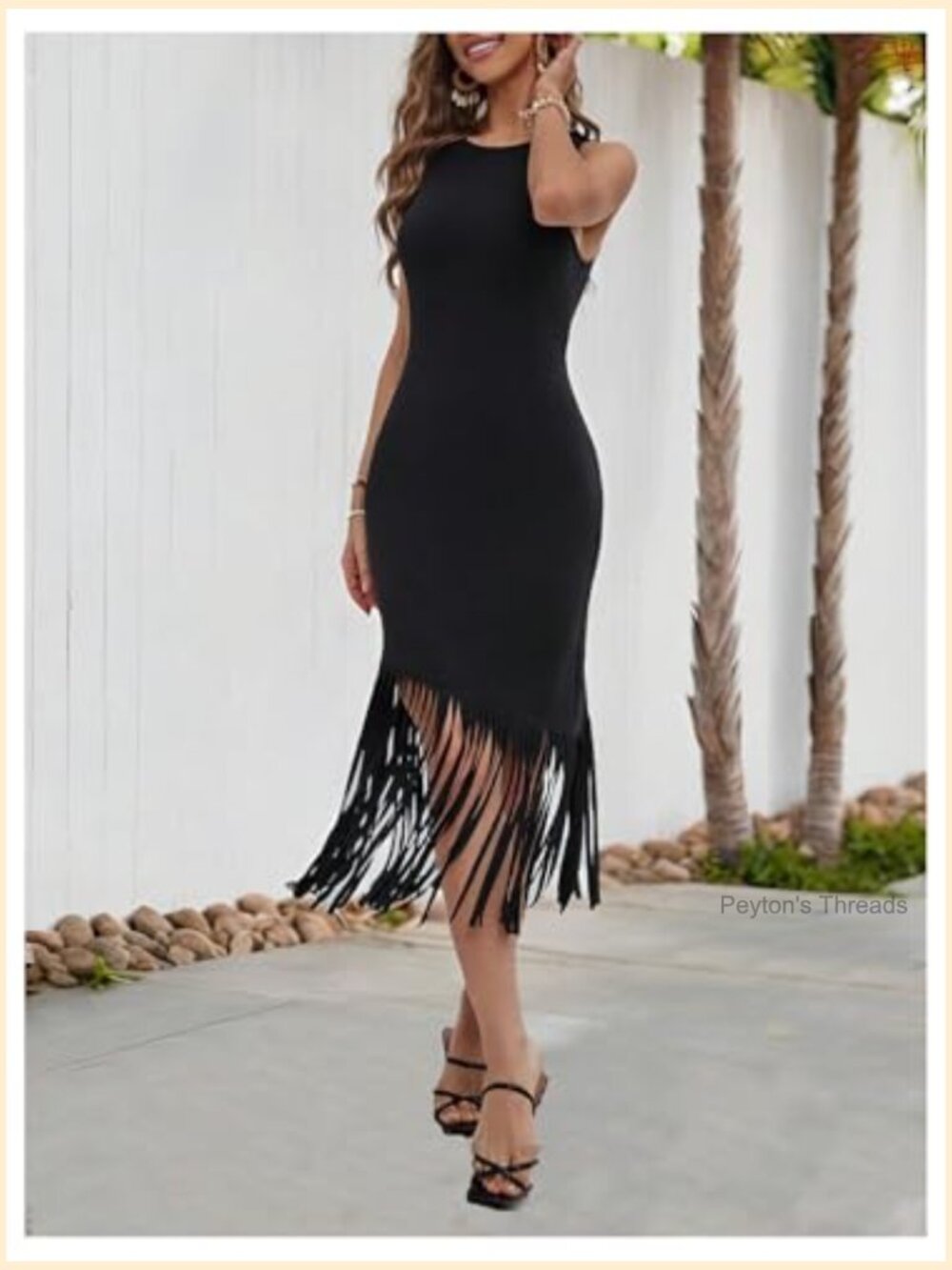 Fringe Bodycon Midi Dress Sleeveless Crew Neck Slim Fit Sundress - Picture 3 of 5